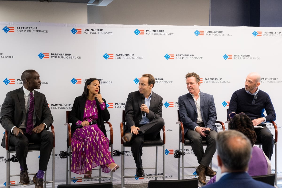 Panel discussion, "Shaping the public's relationship with government." From left to right: Eugene Scott from Axios, Candice McFarlane from Cinereach, Peter Lattman from Emerson Collective, David Bornstein from Solutions Journalism Network and David Shipley from The Washington Post.